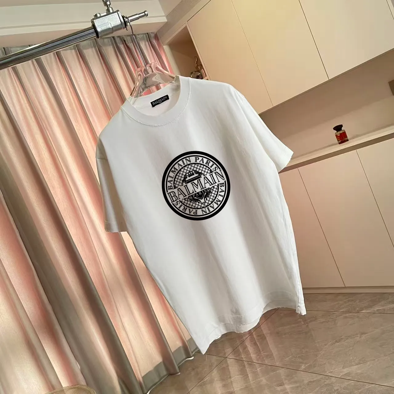 Balmain*Balmain 2026 Spring and Summer New Arrival Washed, distressed, personalized letter logo print, customized fabric g short-sleeved T-shirt, men and women Same Style Size: S M L XL XXL five sizes Color: White Brown Purple Gray